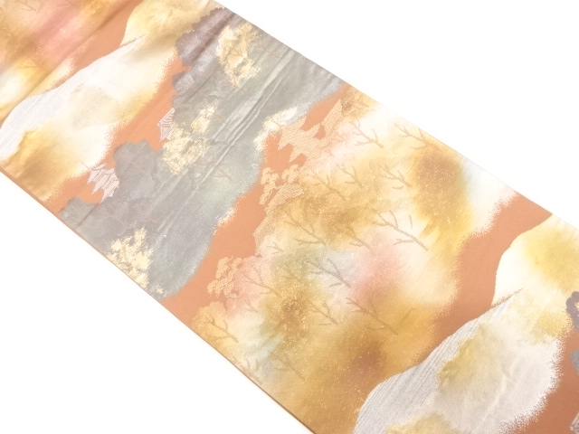 JAPANESE KIMONO / ANTIQUE FUKURO OBI / SILK / WOVEN DISTANT MOUNTAINS & SCENERY OF TEMPLES